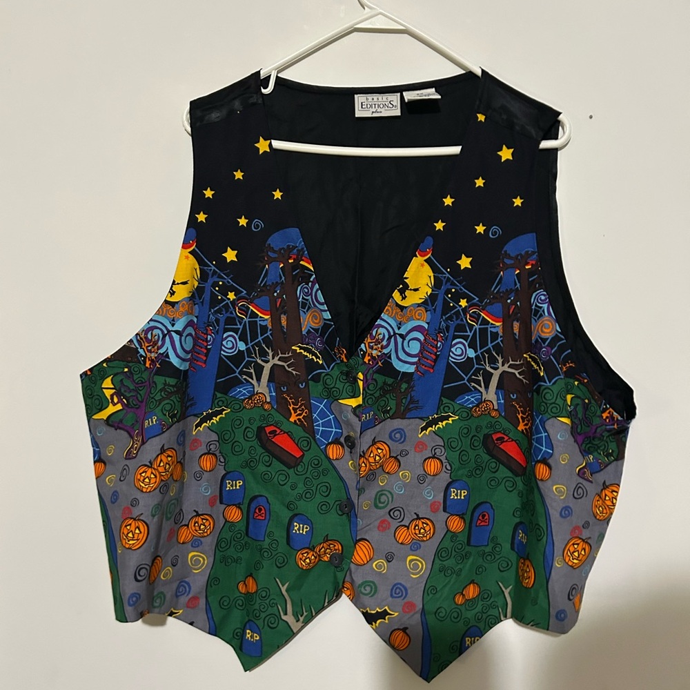 Vintage Basic Editions Plus 90’s Halloween Vest Pumpkin Novelty Button Front 2X - Picture 2 of 7